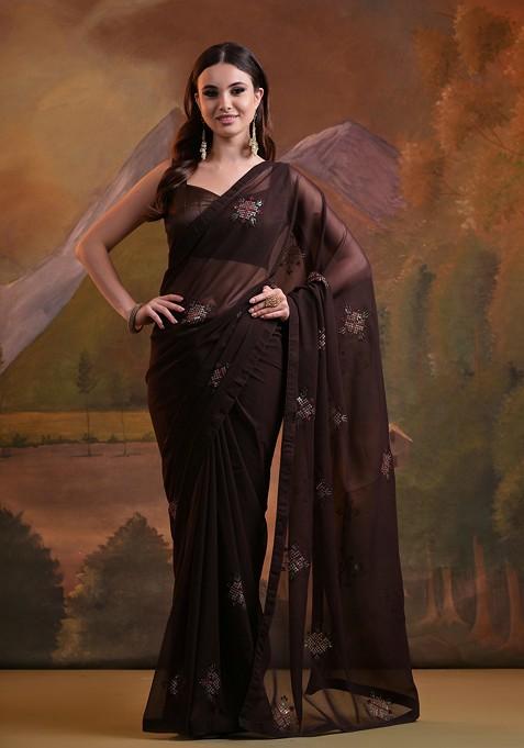 Coffee Brown Sequin Embroidered Georgette Saree Set