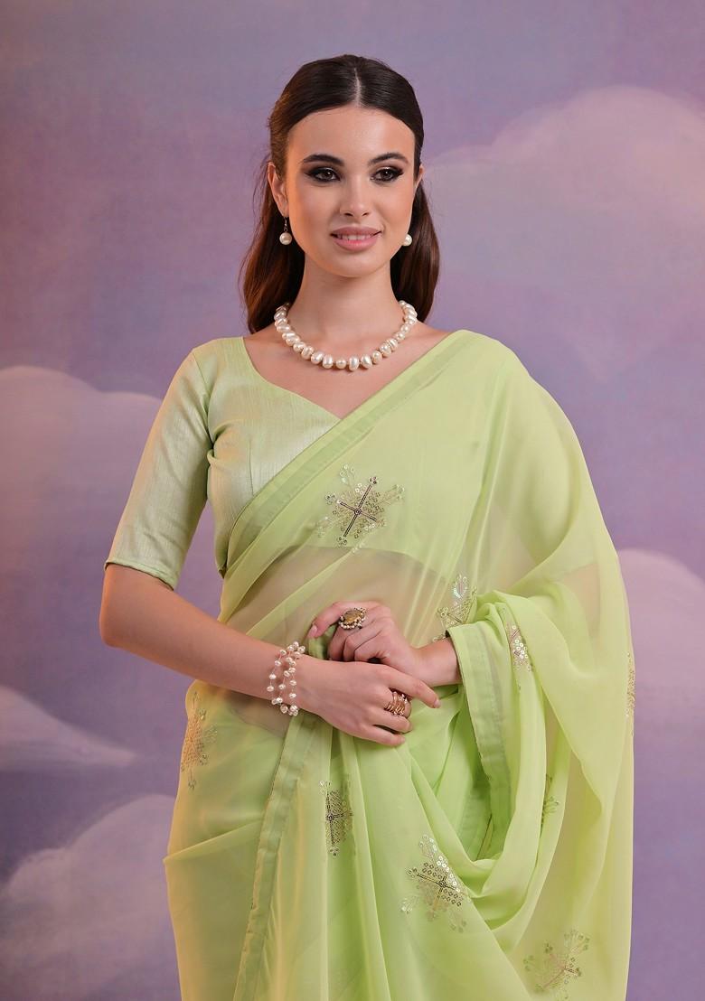 Green Sequin Embroidered Georgette Saree Set - Indya