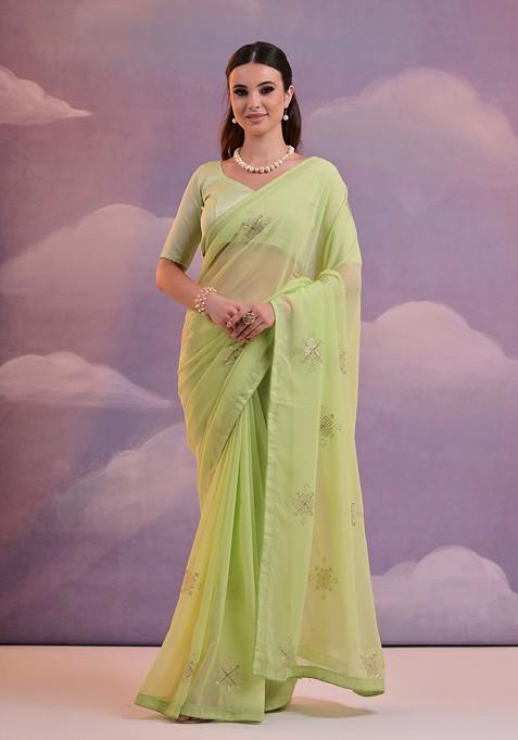 Green Sequin Embroidered Georgette Saree Set