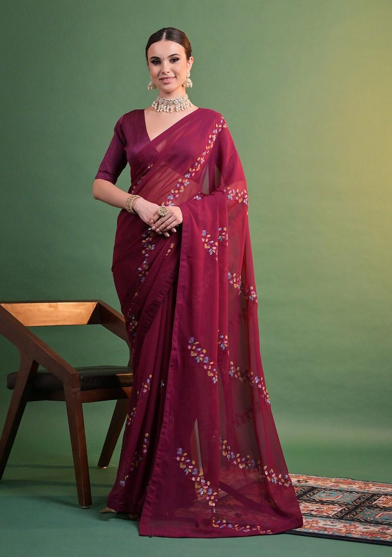 Wine Sequin Embroidered Georgette Saree Set
