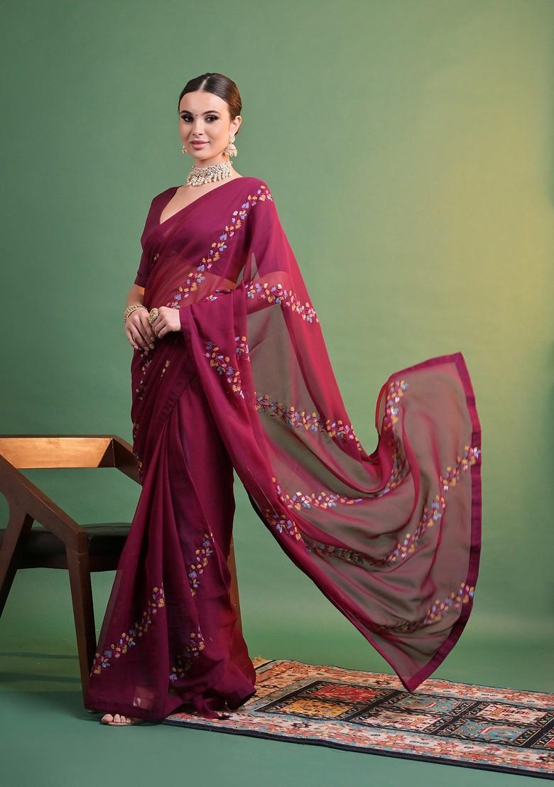 Wine Sequin Embroidered Georgette Saree Set