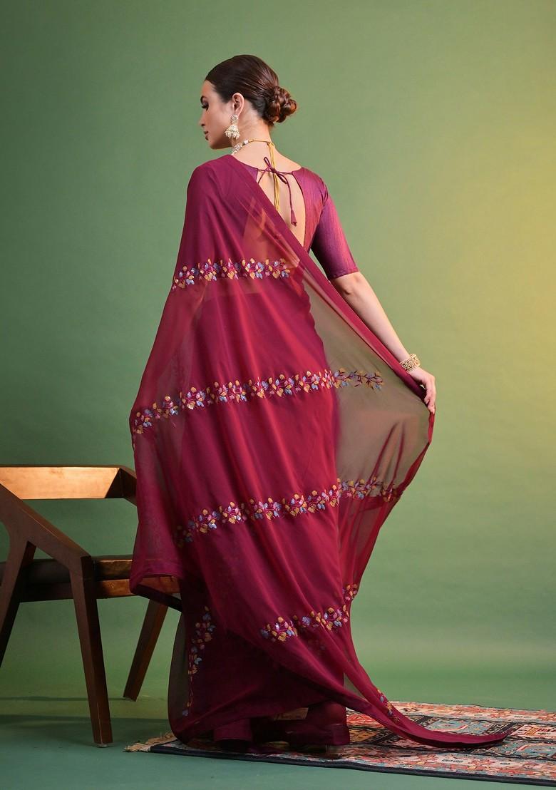 Wine Sequin Embroidered Georgette Saree Set