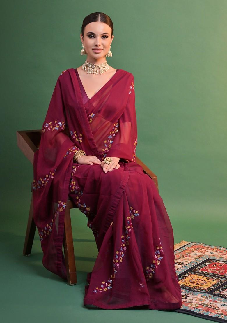 Wine Sequin Embroidered Georgette Saree Set