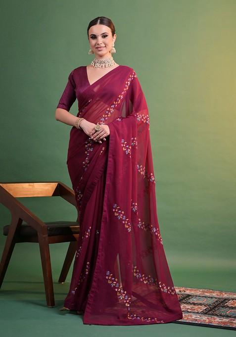 Wine Sequin Embroidered Georgette Saree Set