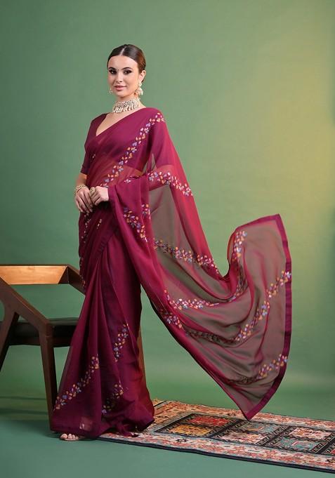 Wine Sequin Embroidered Georgette Saree Set