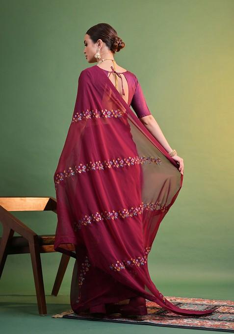 Wine Sequin Embroidered Georgette Saree Set