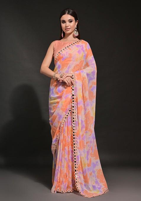 Orange Abstract Print Georgette Saree Set