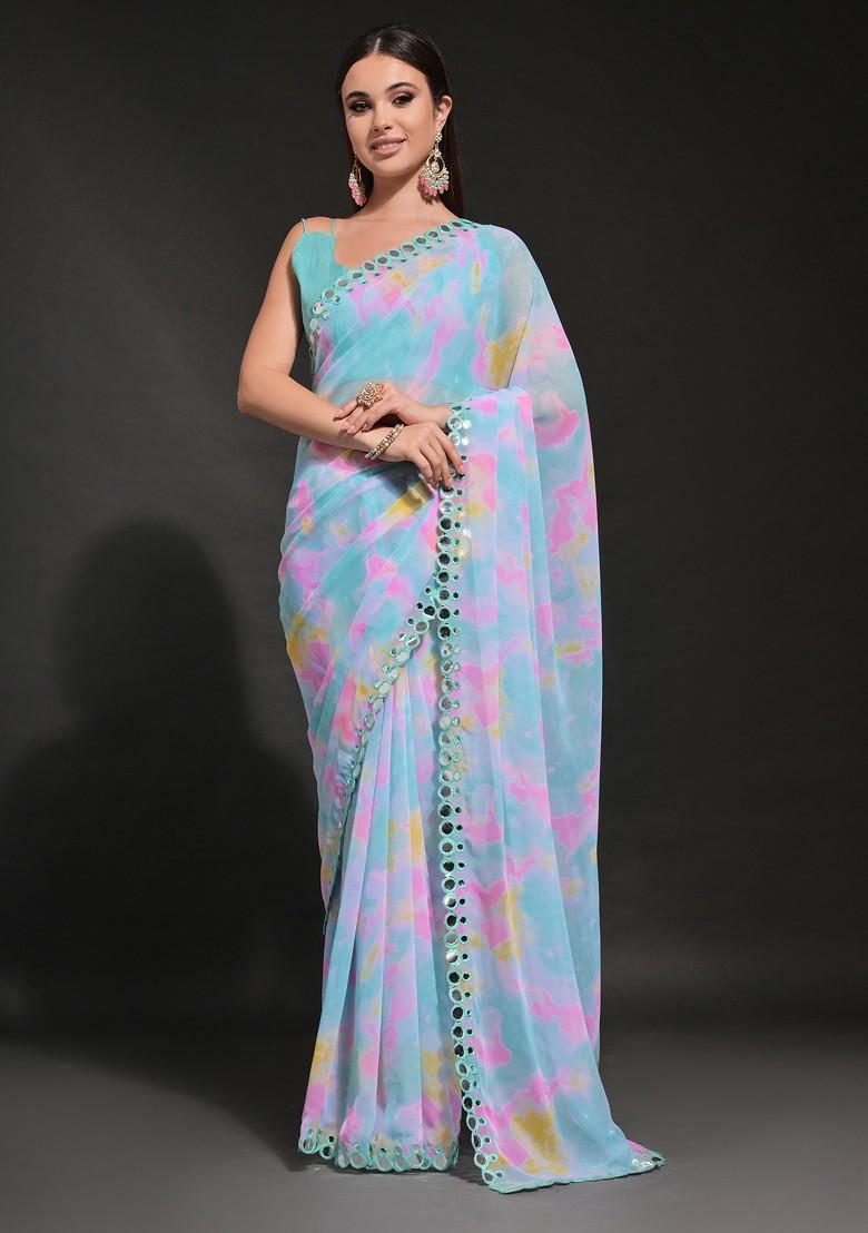 Blue Abstract Print Georgette Saree Set