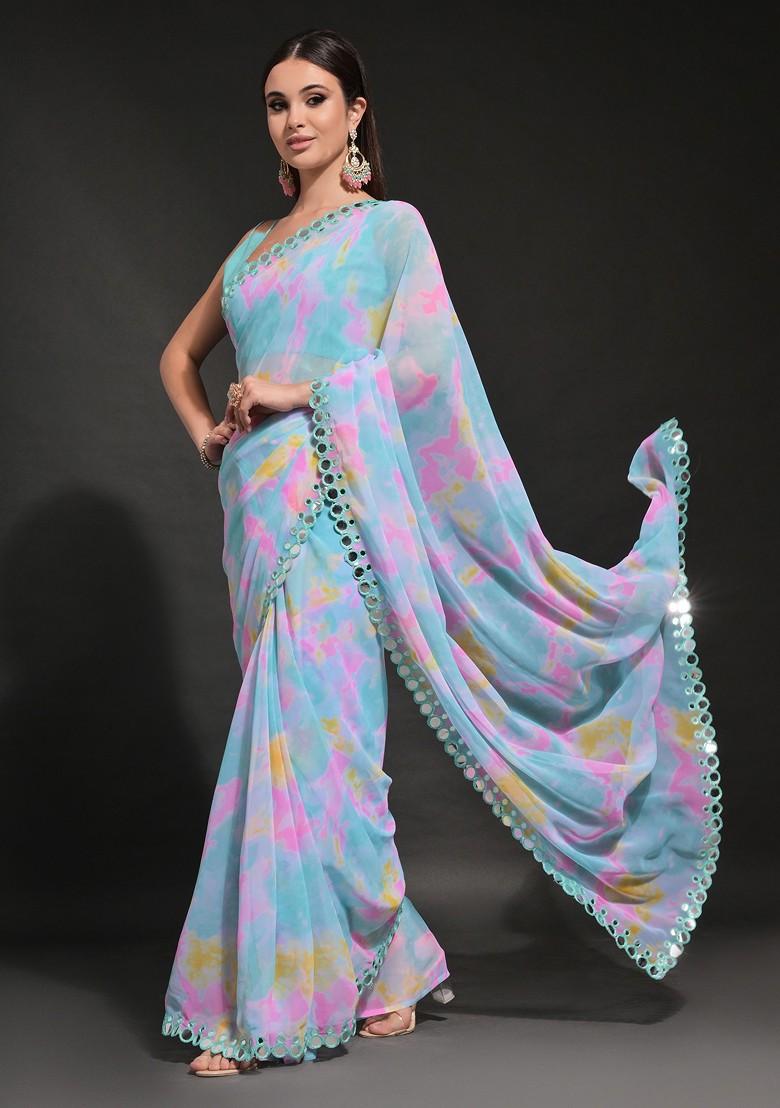 Blue Abstract Print Georgette Saree Set
