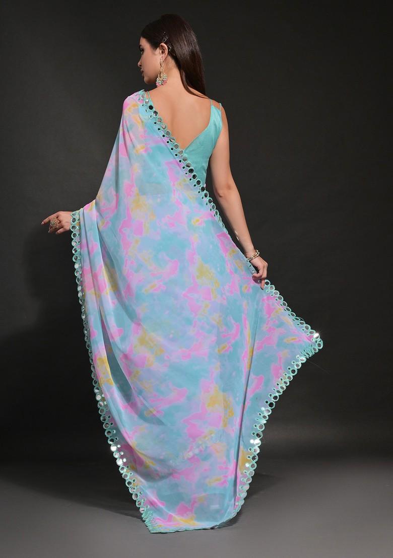 Blue Abstract Print Georgette Saree Set
