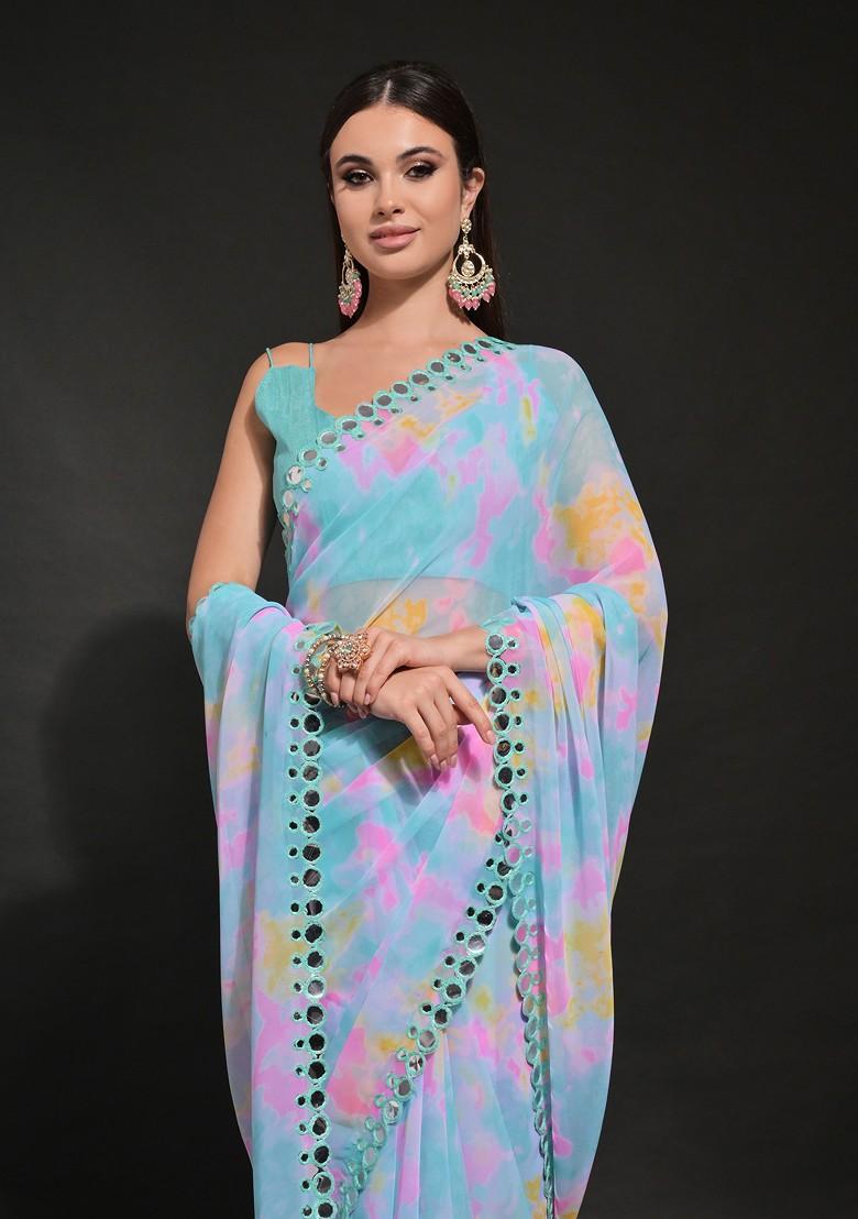 Blue Abstract Print Georgette Saree Set
