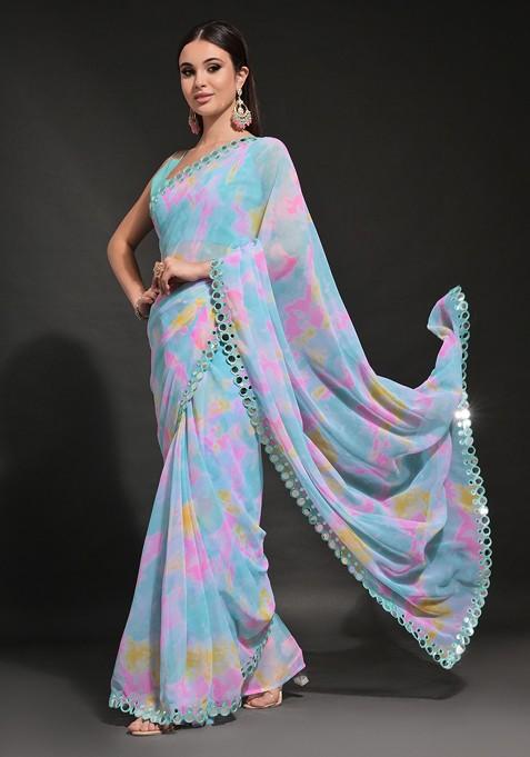 Blue Abstract Print Georgette Saree Set