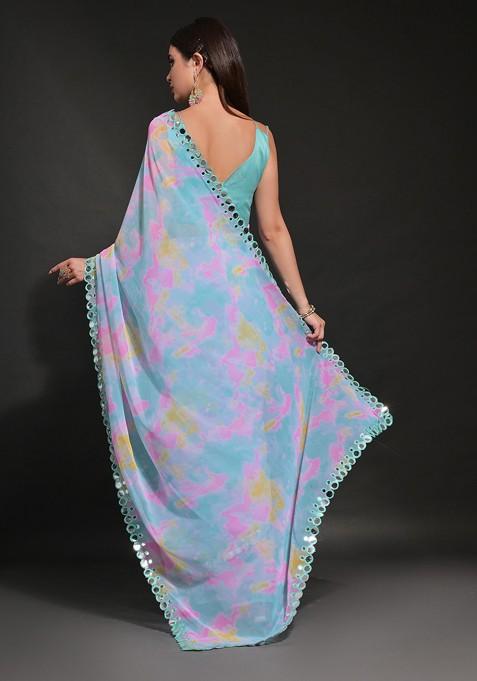 Blue Abstract Print Georgette Saree Set