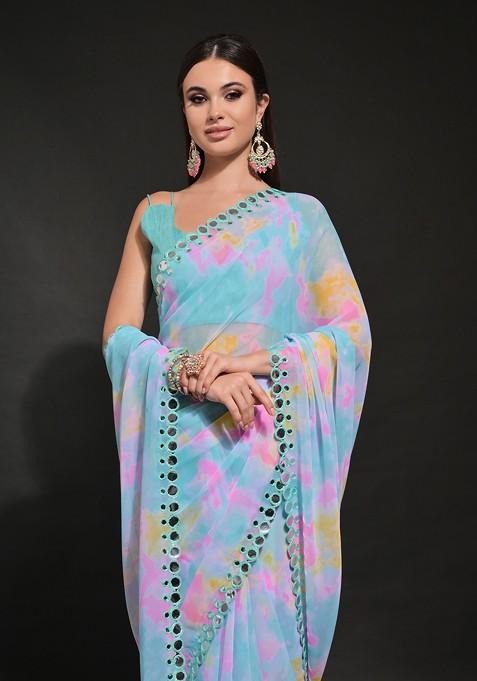 Blue Abstract Print Georgette Saree Set