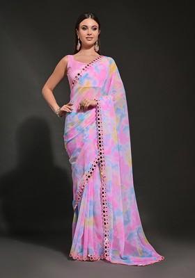 Pink Abstract Print Georgette Saree Set
