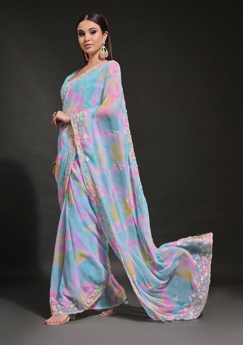 Blue Sequin Embroidered Georgette Saree Set - Indya