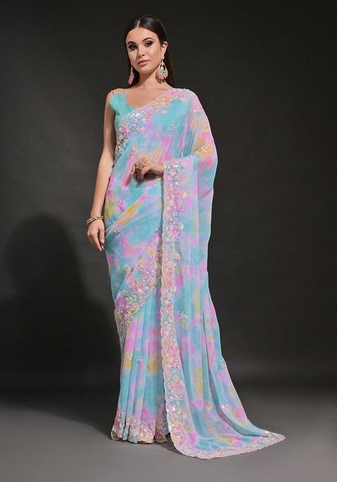 Blue Sequin Embroidered Georgette Saree Set