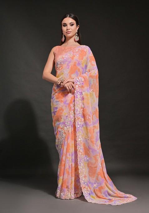 Orange Sequin Embroidered Georgette Saree Set