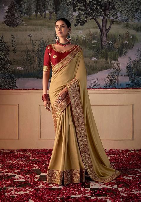 Brown Zari Embroidered Art Silk Saree Set