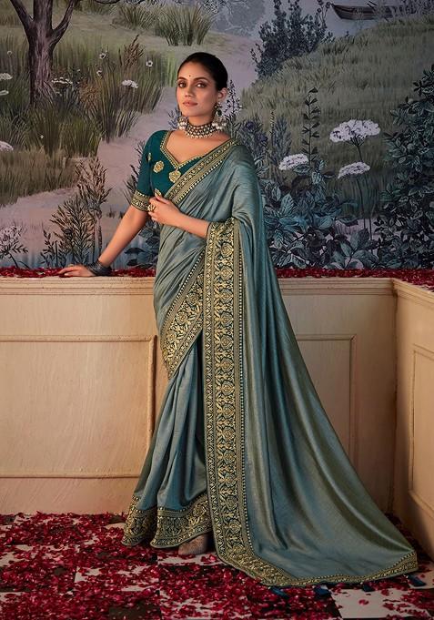 Grey Zari Embroidered Art Silk Saree Set