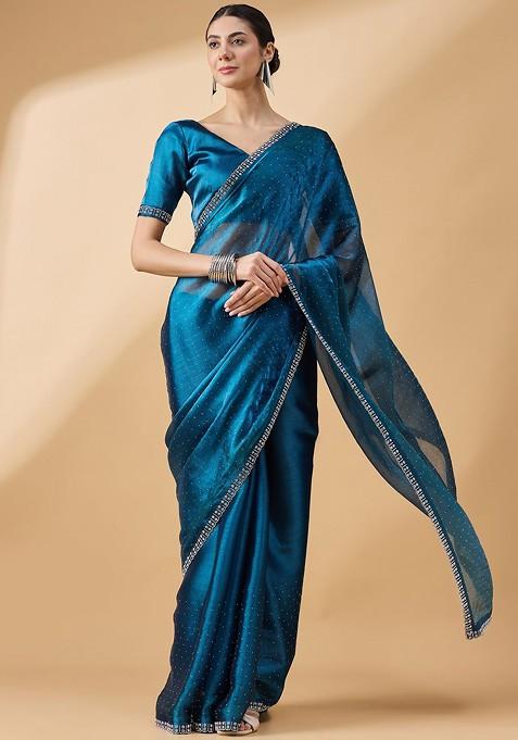 Teal Bead Embroidered Organza Saree Set