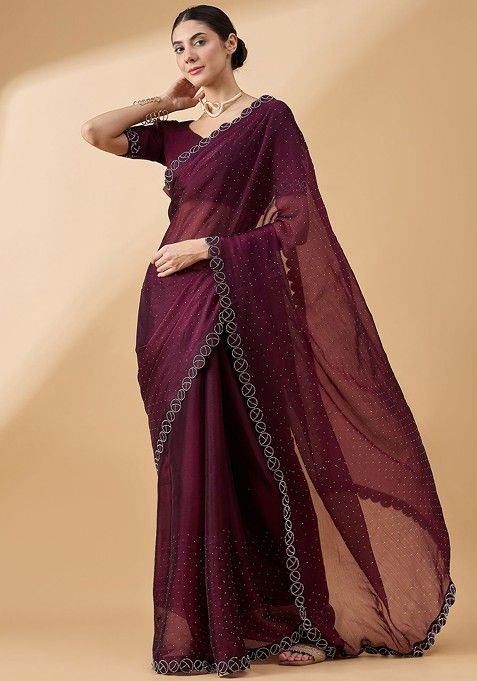 Purple Bead Embroidered Organza Saree Set