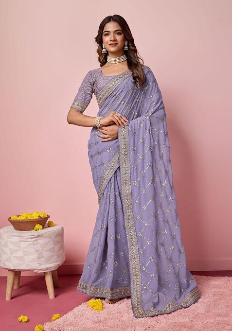 Purple Sequin Embroidered Georgette Saree Set