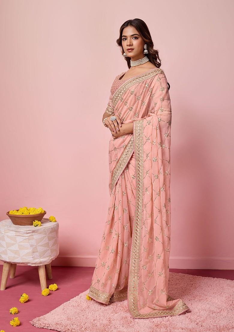 Pink Sequin Embroidered Georgette Saree Set