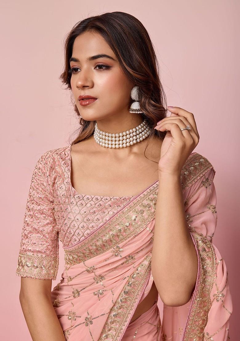Pink Sequin Embroidered Georgette Saree Set