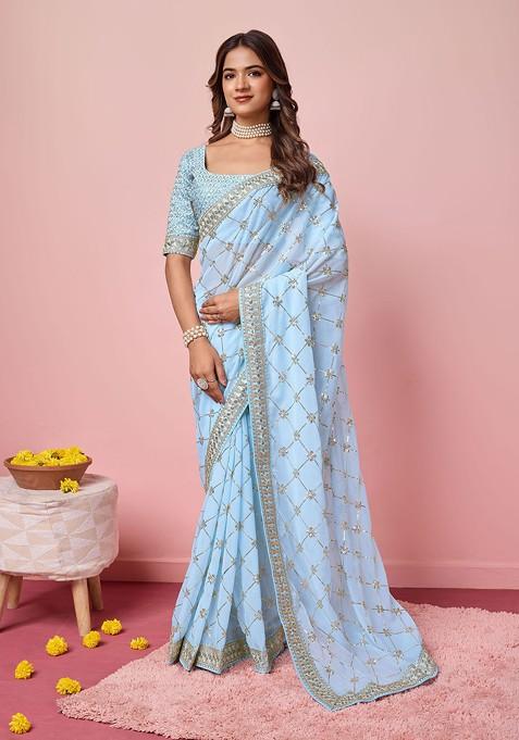 Sky Blue Sequin Embroidered Georgette Saree Set