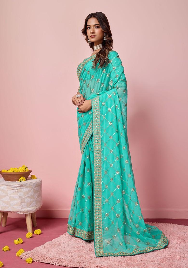 Sea Green Sequin Embroidered Georgette Saree Set