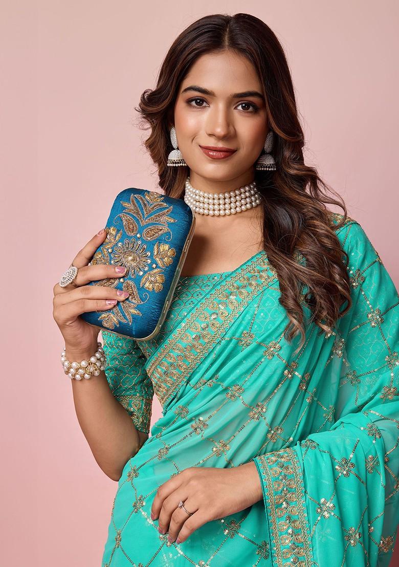 Sea Green Sequin Embroidered Georgette Saree Set