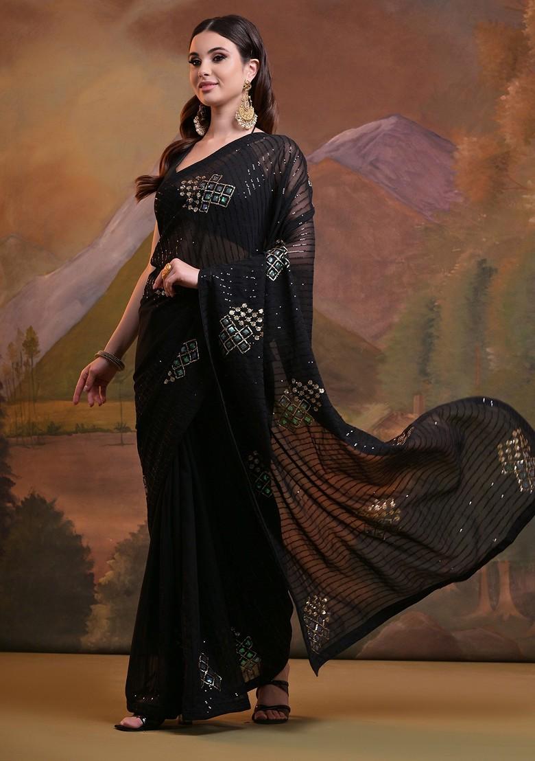 Black Sequin Embroidered Georgette Saree Set - Indya