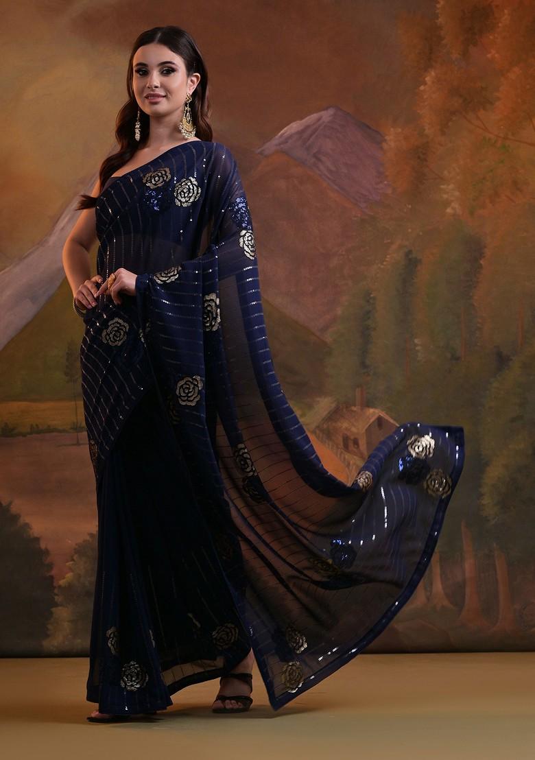 Blue Sequin Embroidered Georgette Saree Set - Indya