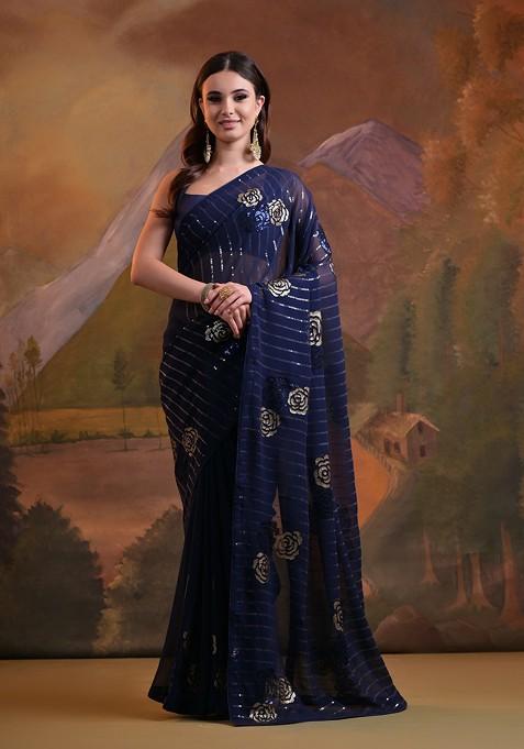 Blue Sequin Embroidered Georgette Saree Set