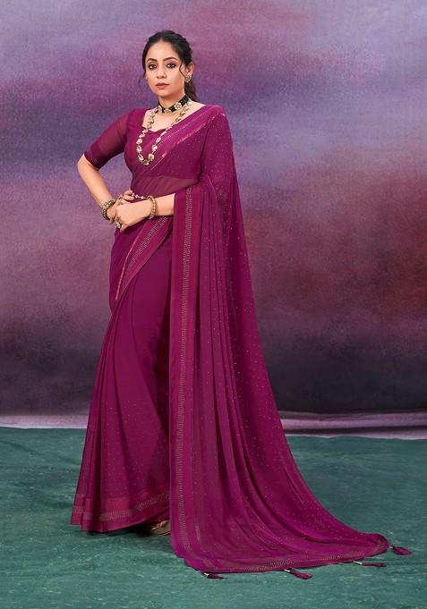 Purple Bead Embroidered Chiffon Saree Set