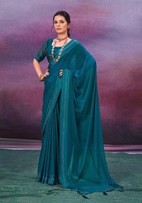Teal Bead Embroidered Chiffon Saree Set