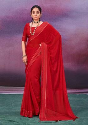 Wine Bead Embroidered Chiffon Saree Set