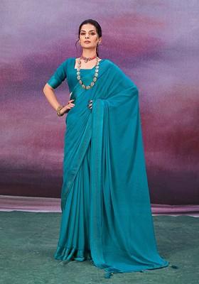 Blue Bead Embroidered Chiffon Saree Set