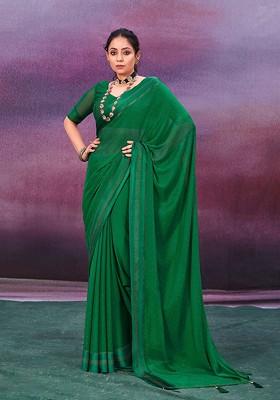 Green Bead Embroidered Chiffon Saree Set