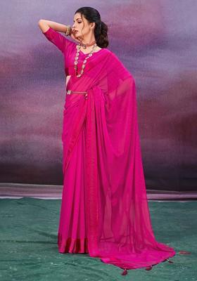 Pink Bead Embroidered Chiffon Saree Set