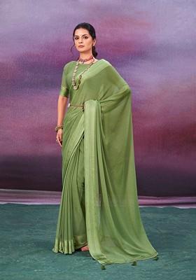 Green Bead Embroidered Chiffon Saree Set