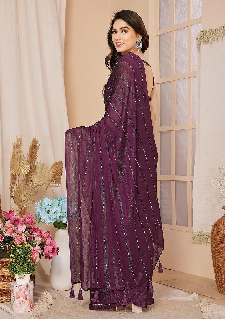 Wine Bead Woven Georgette Saree Set