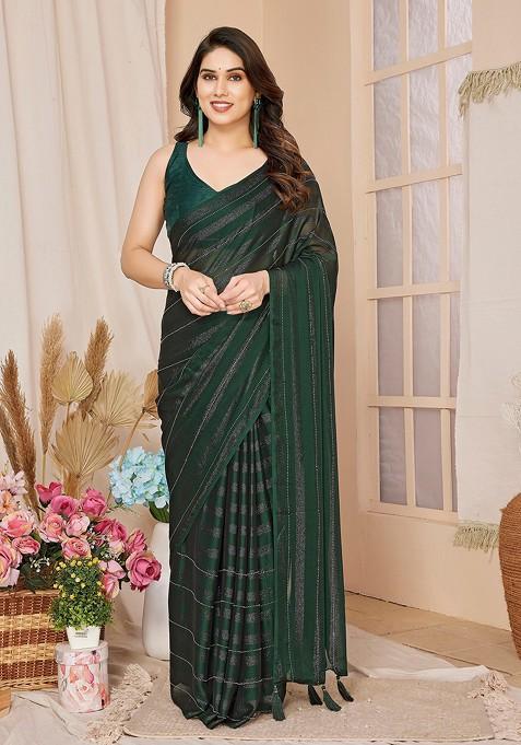 Green Bead Woven Georgette Saree Set