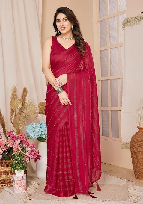 Pink Bead Woven Georgette Saree Set