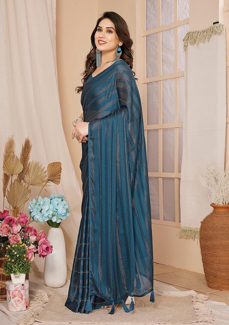 Teal Bead Woven Georgette Saree Set