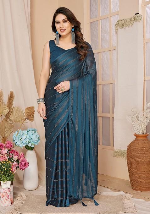 Teal Bead Woven Georgette Saree Set