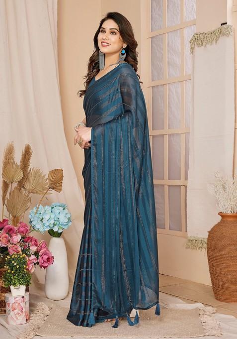 Teal Bead Woven Georgette Saree Set