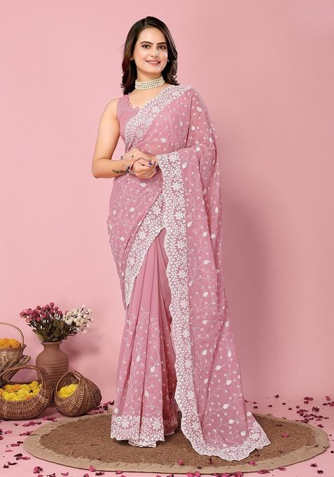 Pink Resham Embroidered Georgette Saree Set