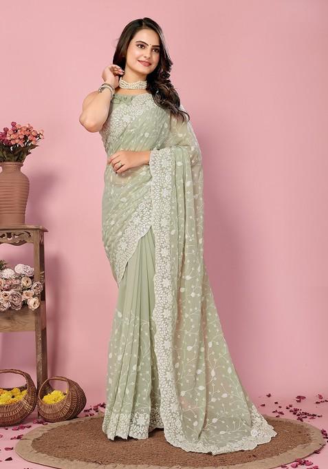 Green Resham Embroidered Georgette Saree Set